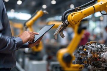 Engineer using tablet to control robotic arm in factory