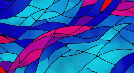 Vibrant Abstract Stained Glass Pattern with Blue and Red Curves