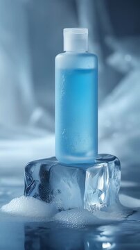 blue toner bottle product on smooth ice block with crystal reflections