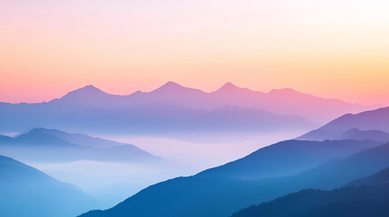 Fototapeta premium Highaltitude mountain landscape with pink sky and soft fog at sunset