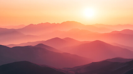 Fototapeta premium Layered mountain landscape during sunset with warm orange haze, tranquil and vast view