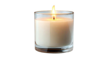 A glowing candle in a transparent glass jar with a soft yellow flame