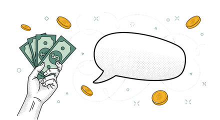 Hand holding money and speech bubble with coins and abstract shapes.