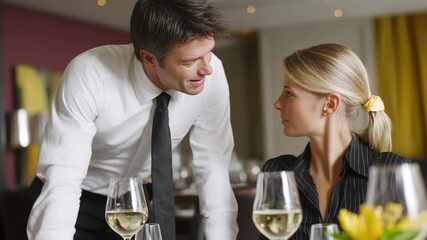 Young woman and waiter restaurant table with wine glass dining as growth through failure inspires confident recovery