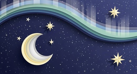 Naklejka premium Dreamy Night Sky with Crescent Moon and Stars in Paper Cut Style.
