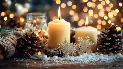 Warm candlelight and winter decor create a cozy seasonal atmosphere