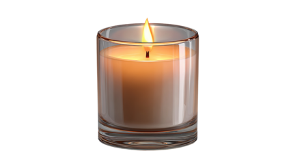 A glowing candle in a transparent glass jar with a soft yellow flame