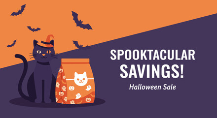 Spooktacular Halloween sale banner with a cute black cat in a witch hat and flying bats perfect for promotions