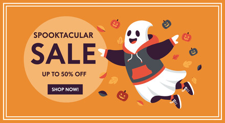 Spooktacular Halloween sale banner with cheerful ghost pumpkins and autumn leaves Up to 50 off for seasonal promotions