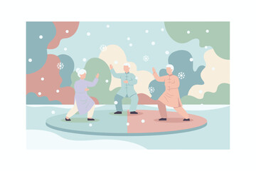 Seniors practicing Tai Chi outdoors in a serene snowy winter landscape Health wellness lifestyle