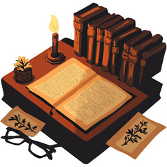 Dark Academia Art with Open Leather Bound Book and Candlelight | Moody Oil Painting of Vintage Desk with Book and Spectacles | Atmospheric Library Scene with Parchment and Botanical Sketches