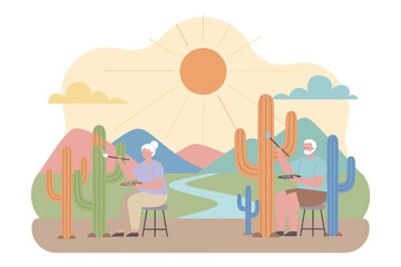 Happy seniors painting desert cacti enjoying creative hobby and serene retirement life