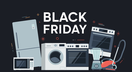 Black Friday sale banner with major household appliances on a dark background