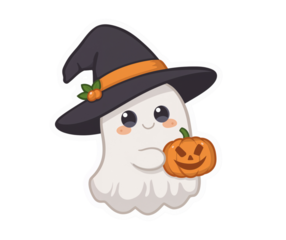 Cute Halloween ghost with a witch hat and pumpkin illustration on black background