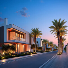 Naklejka premium Modern villa building in arabic country with palm trees at night and community view, minimalistic architecture style blue sky natural lights 