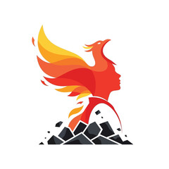 Fototapeta premium A stylized phoenix rises from dark rocks, with a human pro.
