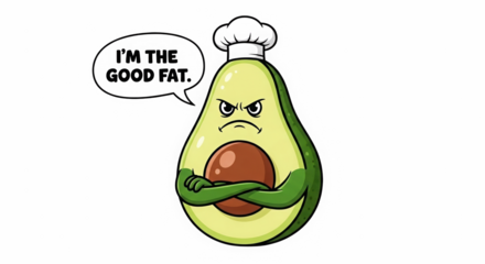 Cartoon illustration of a grumpy avocado with crossed arms and an angry expression on a black background