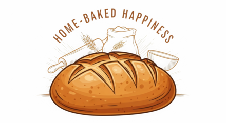Delicious golden brown artisan bread with scoring and a home baked happiness inscription against a dark background