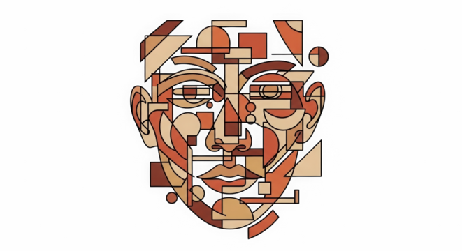 Abstract geometric portrait of a human face with warm earth tones against a black background