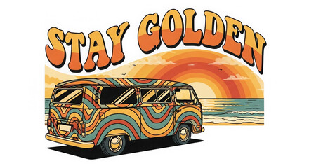 Psychedelic 1970s style van driving towards a vibrant sunset on the beach with stay golden text
