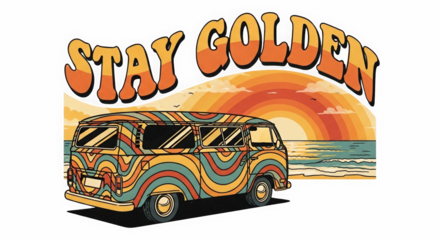 Psychedelic 1970s style van driving towards a vibrant sunset on the beach with stay golden text