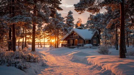 Cozy Wooden Cabin in Snowy Forest at Warm Winter Sunset Glow