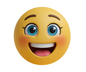 A cheerful yellow emoji face expressing happiness on a black background rendering