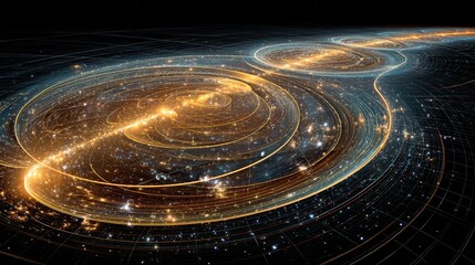 Electrons Orbiting Glowing Atomic Nucleus in Quantum Space Visualization