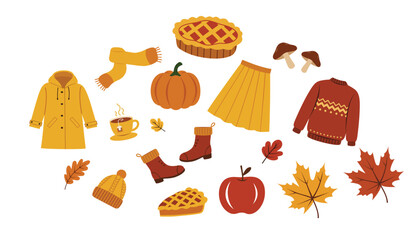 Autumn Season Elements and Clothing Vector Illustration Set