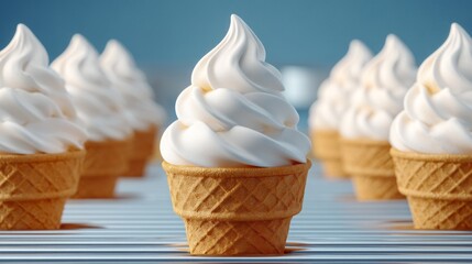 Delicious ice cream cones with creamy, swirled toppings stand in a neat row under soft sunlight, inviting everyone to indulge in a sweet treat