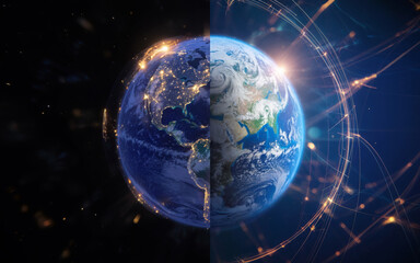 Obraz premium Split view of earth day and night with global network connections satellite