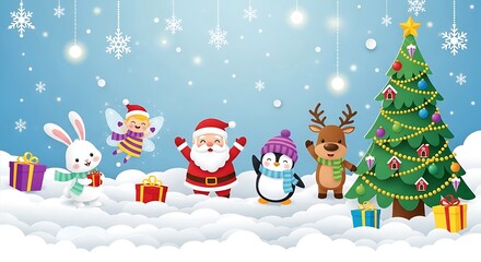 Festive Christmas Scene with Adorable Characters and Decorations.