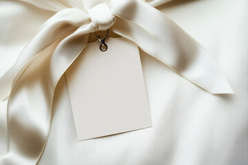 Elegant ivory satin ribbon ties a blank gift tag, perfect for luxury presents, branding, or special occasion messages