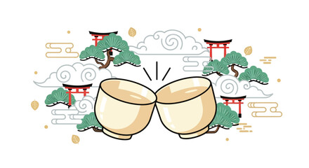 Japanese Celebration Toast with Clouds, Pine Trees, and Torii Gates Illustration