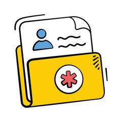 Hand drawn icon of a patient�s medical file with a red cross.