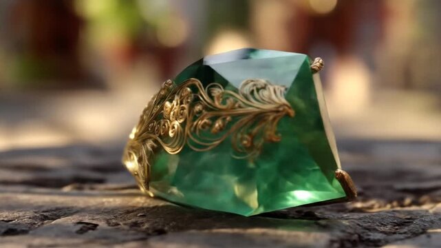 Exquisite emerald gemstone with intricate golden floral embellishments
