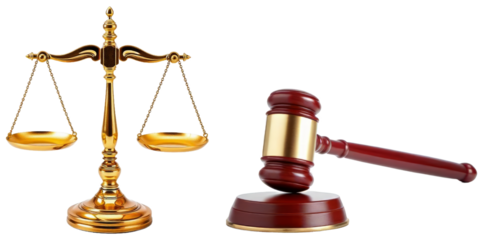 Golden balance scale and wooden gavel symbolizing justice and law