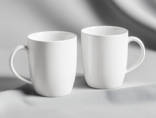 Obraz premium Two pristine white ceramic mugs ready for your custom design, perfect for branding and promotions
