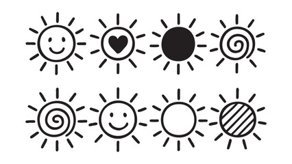 Adorable sunshine doodles set with smiling faces and heart icons