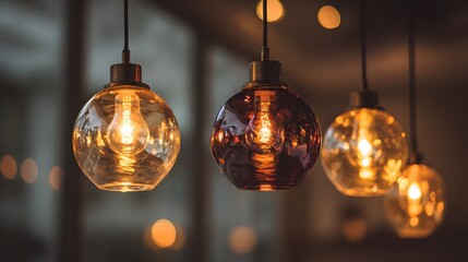 Four glowing spherical incandescent lamps hang in a row indoors.