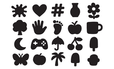 Black silhouette icons collection for creative projects, cards, and design