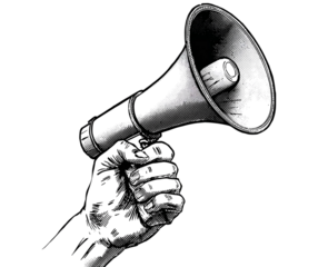 Hand holding a megaphone in the darkness symbolizing power and protest voice amplified