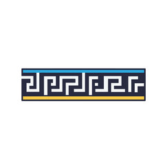 A geometric Greek key pattern with blue and yellow accents.