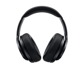 Sleek black wireless headphones on a dark background for immersive audio experience  refined