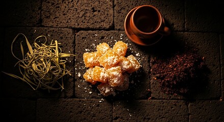 Traditional Indonesian sweet potato dessert, klepon ubi, sprinkled with coconut, alongside dried herbs and coffee grounds on a dark stone background.