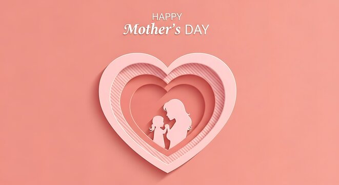 Happy Mothers Day Heart Silhouette Illustration on Pink Background.
