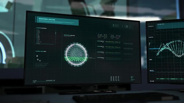 Modern Dna Research Software is used at Medical Laboratory. Dna research software is analyzing the genetic structure of a patient. Dna research software searching through the Strand. User Interface.