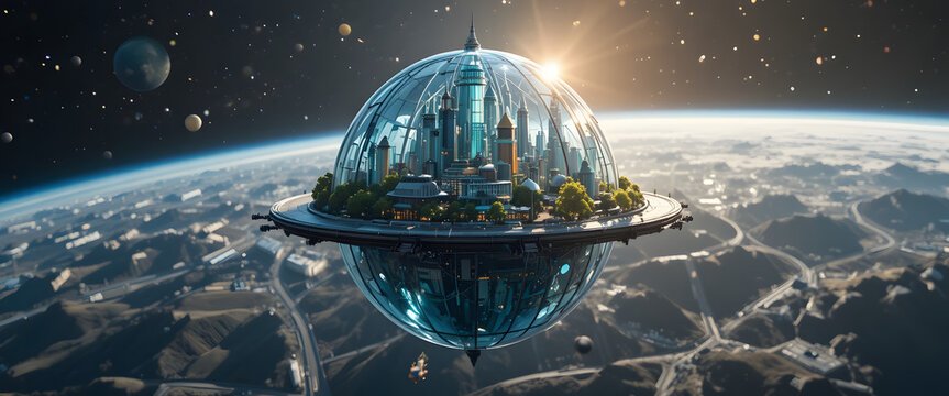 Futuristic utopian city floats serenely above Earth, showcasing advanced architecture and sustainable urban living.