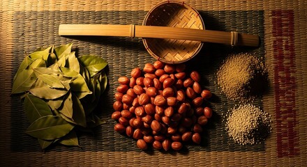 An overhead view of Indonesian cooking essentials: bay leaves, red peanuts, ginger powder, and white pepper on a woven bamboo mat.