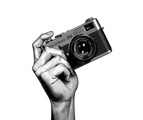 Monochrome vintage camera in hand showcasing photography and retro design aesthetics